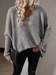 SHEIN Essnce 素色蝙蝠袖V領套頭毛衣 - 灰色 - 查看 1