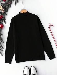 SHEIN LUNE 大碼字母圖案小高領套頭毛衣 - 黑色 - 查看 2