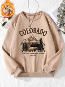 SHEIN 青少年女孩山和字母圖案加絨內裏套頭衫 - 卡其色 - 查看 1