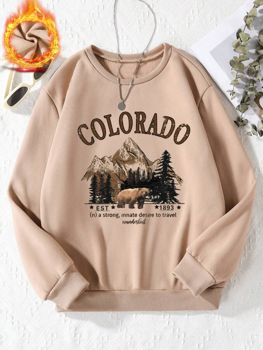 SHEIN 青少年女孩山和字母圖案加絨內裏套頭衫 - 卡其色 - 查看 1