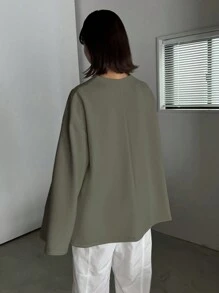 FRIFUL Solid Zipper Front Drop Shoulder Tee,Fall Clothes Long Sleeve Women Tops - Army Green - View 2