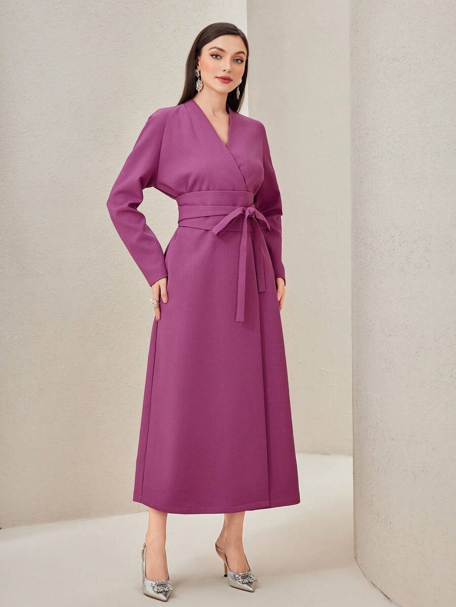Modelyn Solid Belted Dress Long Evening Dresses - Red Violet - View 1