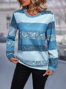 SHEIN LUNE Khối màu In sọc Áo nỉ - Màu xanh nhạt - Xem 4