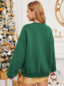 SHEIN Essnce 聖誕印花落肩套頭衫 - 墨綠色 - 查看 2