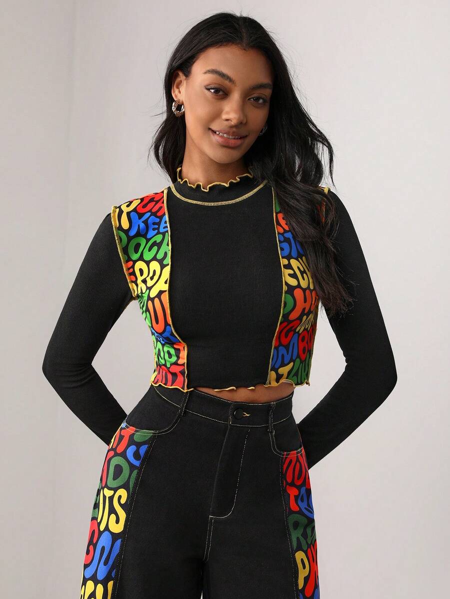 Candy Lien Letter Graphic Mock Neck Lettuce Trim Crop Tee - Multicolor - View 1