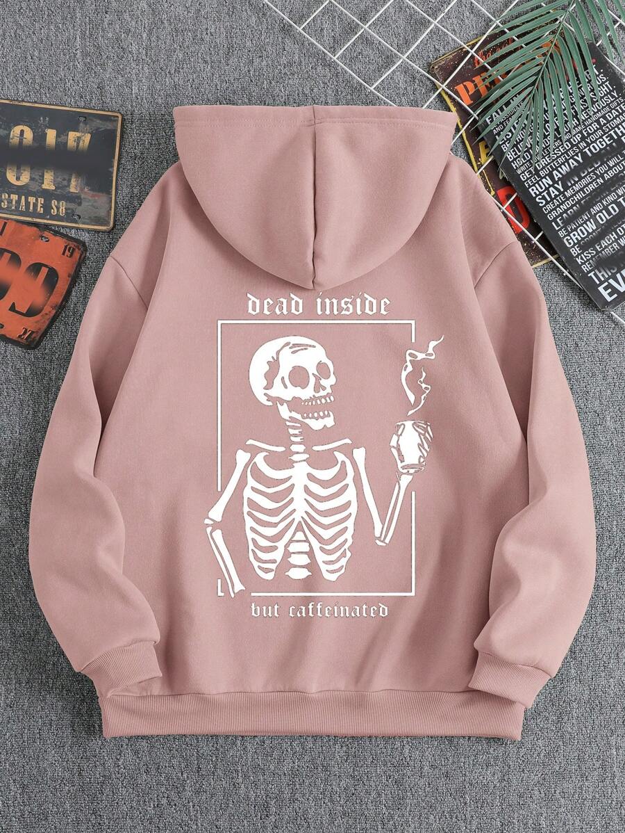 RueChic Men's Hooded Sweatshirt With Skull And Letter Print - Pink - View 1