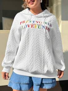 SHEIN EZwear Plus Size Letter Embroidery Drop Shoulder Drawstring Sweatshirt - White - View 1