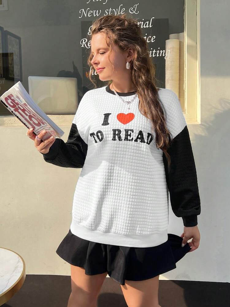Plus Colorblock Slogan & Heart Graphic Drop Shoulder Sweatshirt