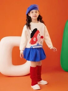 Tween Girl Figure Graphic Pom Pom Detail Sweater - Apricot - View 3