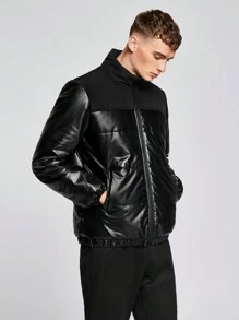 Manfinity VCAY Chaqueta casual tipo plumas con cremallera y manga larga, talla grande para hombre