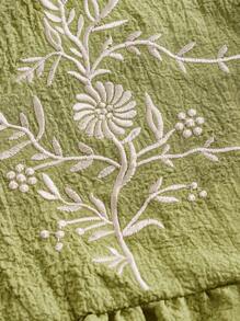 ROMWE Fairycore 女士花卉刺繡v領氣球袖襯衫,配有荷葉邊 - 綠色 - 查看 4