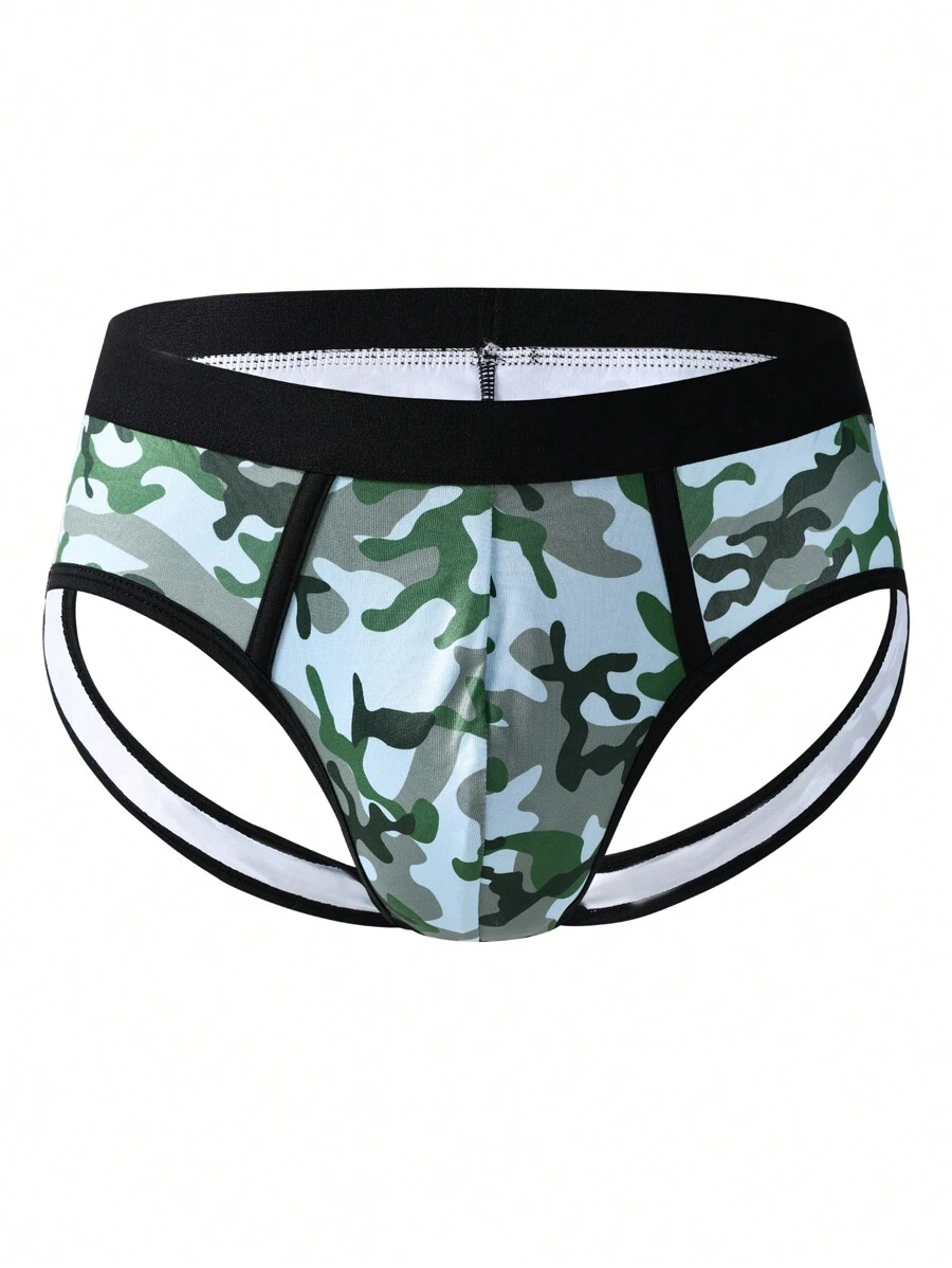 Men Camo Print Contrast Trim Jockstrap Sexy Underwear - Green - View 1