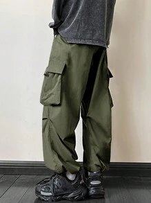 ROMWE MEN Street Life 男士有蓋口袋側拉繩腰帶工作褲 - 軍綠色 - 查看 2