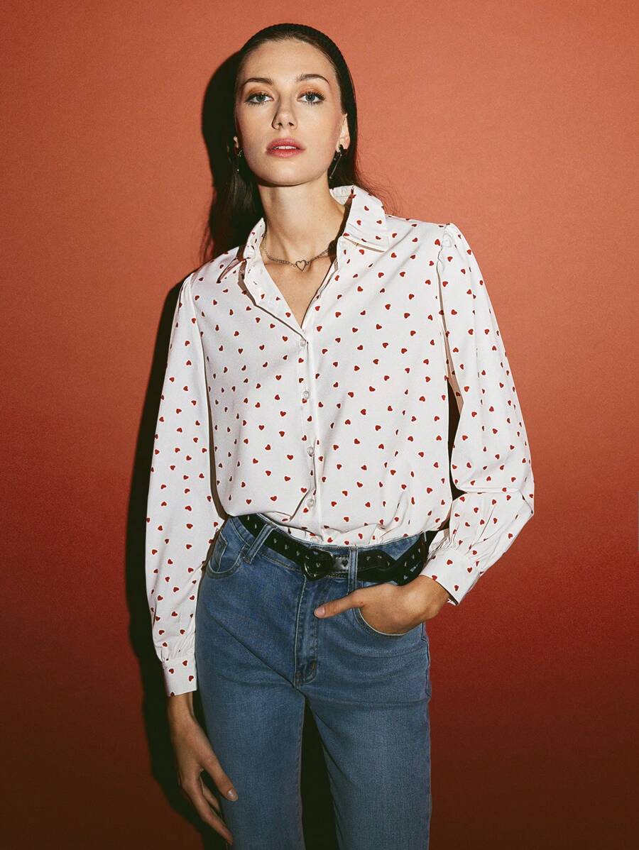 DAZY 五彩纸屑爱心彼得潘领衬衫图案长袖T恤 - 白色 - 查看 1