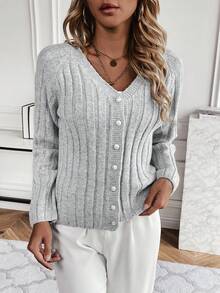 SHEIN Essnce Chất rắn Tay Raglan Nút phía trước Áo len Mở - Màu Xám nhạt - Xem 6