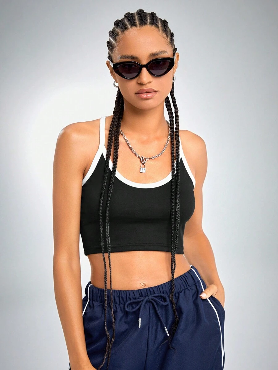 SHEIN Unity Áo hai dây Hội Chữ thập Tương phản ràng buộc Thể thao - màu đen - Xem 1