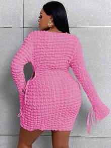 Maweii Plus Cutout Knot Side Flounce Sleeve Bodycon Dress - Pink - View 2