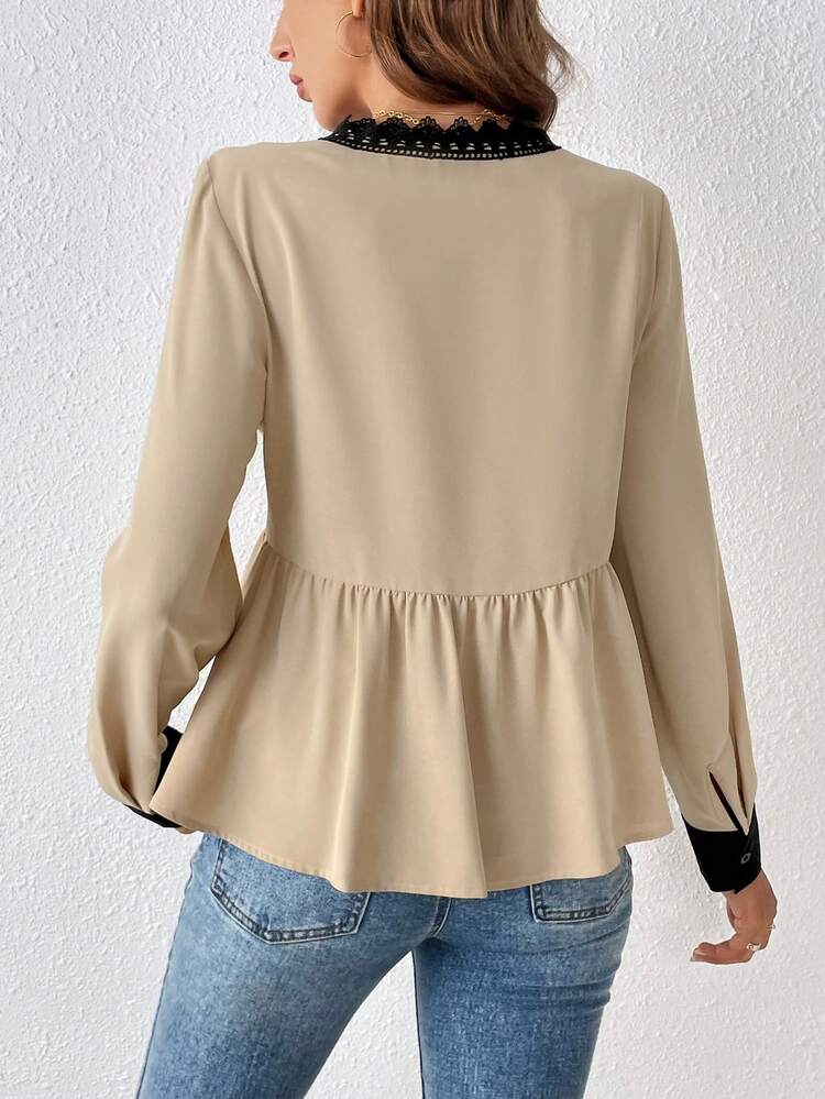 Guipure Lace Trim Peplum Blouse Winter Casual