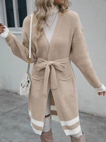 SHEIN LUNE 拼接邊落肩袖口袋貼布腰帶開襟衫 - 駝色 - 查看 8