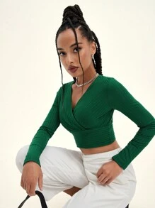 Muchica 交叉領羅紋針織短版T恤 - 墨綠色 - 查看 3