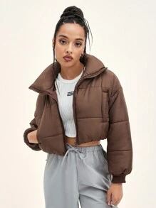 SHEIN Unity Slant Pocket Zipper Drop Shoulder Crop Padded Padded Coat Clothes Winter - Mocha Brown - View 3