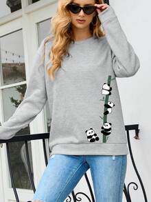 SHEIN EZwear 熊貓印花落肩袖運動衫 - 淺灰色 - 查看 4