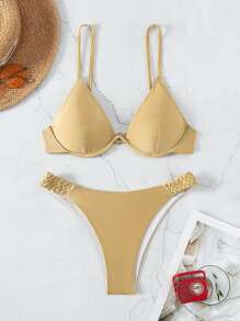 Plain Underwire Bikini Set - Gold - View 3