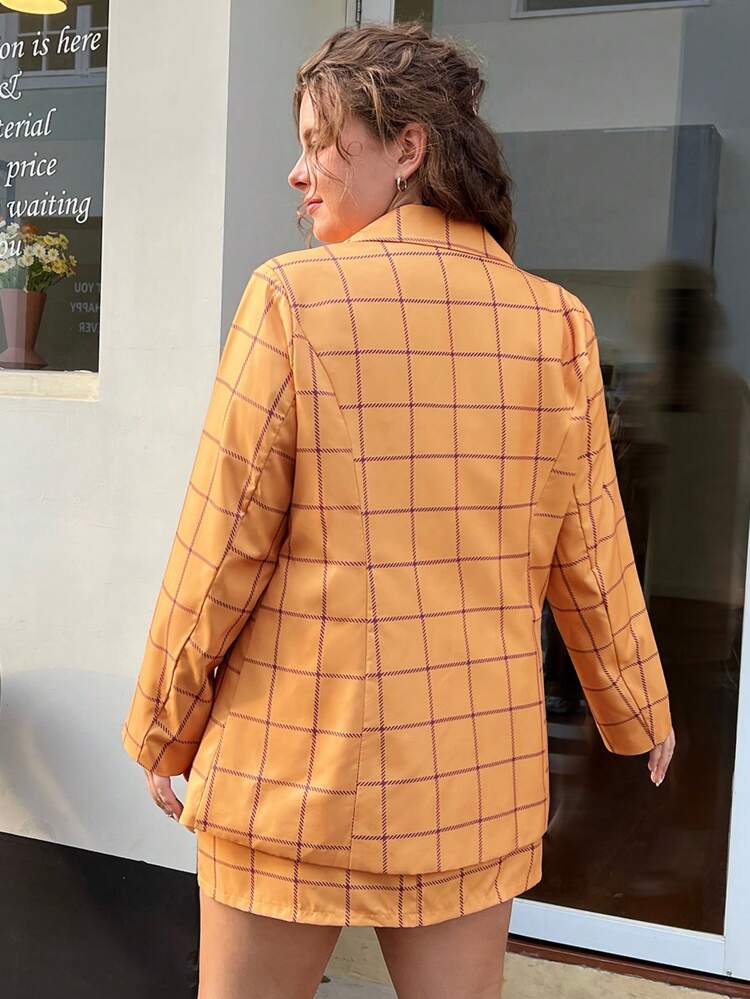 Plus Plaid Single Breasted Blazer & Skirt