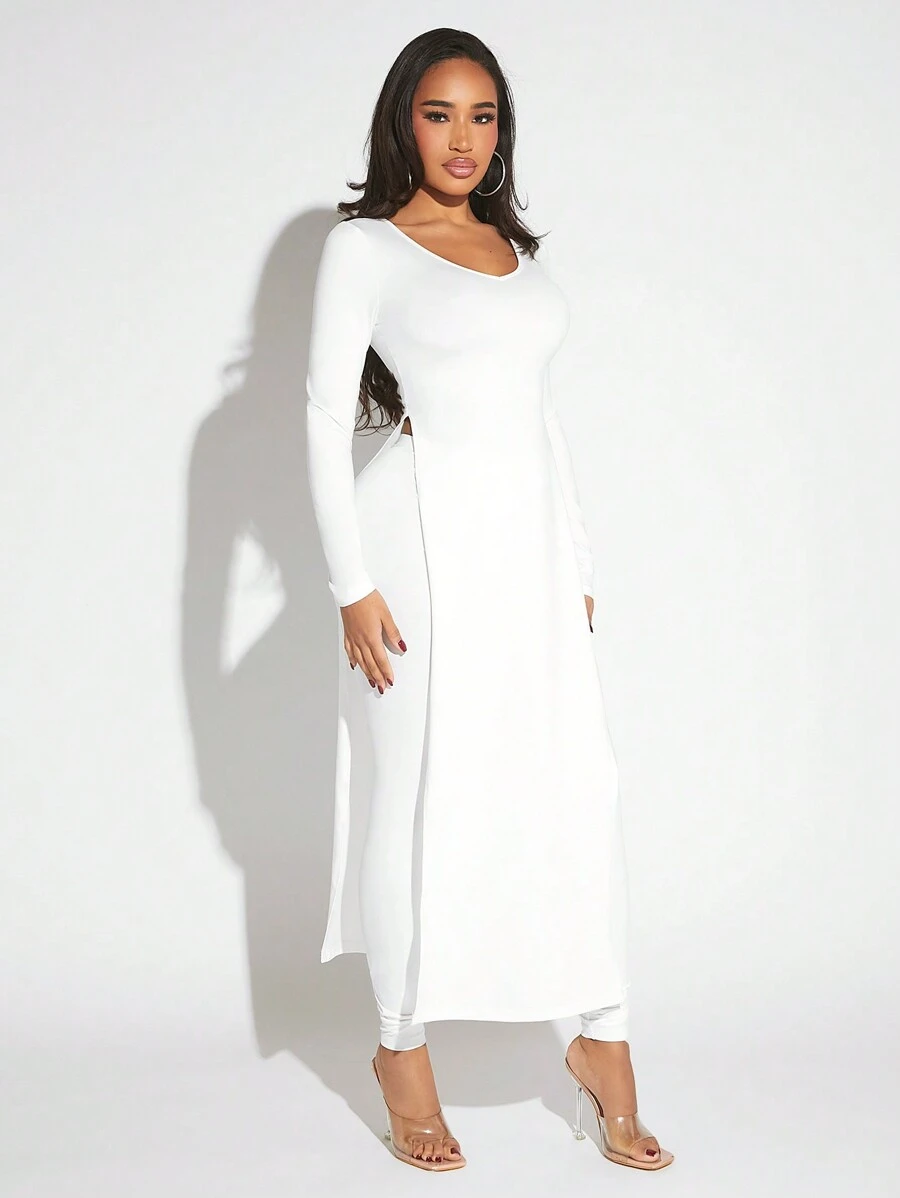 SHEIN SXY Solid Split Hem Tee & Leggings - White - View 1