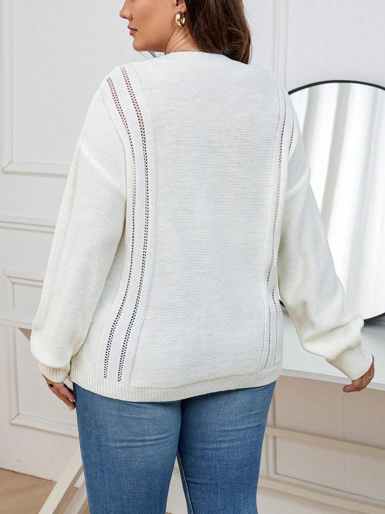 Plus Pointelle Knit Detail Drop Shoulder Sweater Knit Pullover Fall Winter Sweater