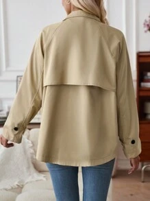 SHEIN Essnce 插肩袖拉鏈開襟斜口袋風衣外套 - 卡其色 - 查看 2