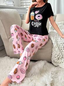 Donut & Slogan Graphic Tee & Pants PJ Set / Pajama Set - Multicolor - View 3
