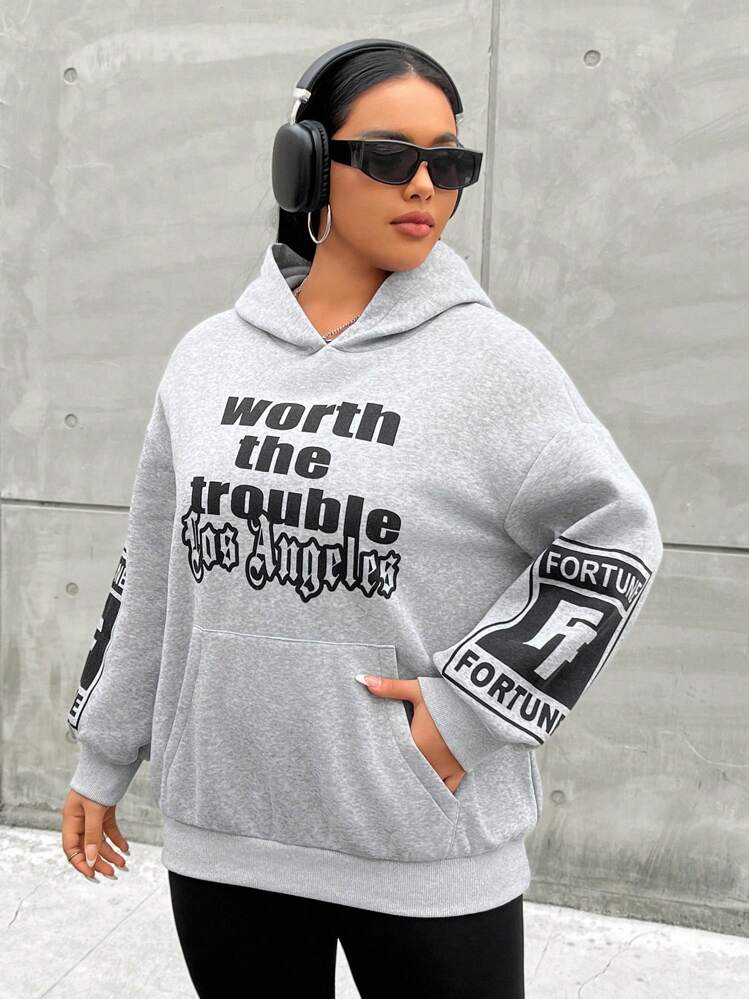 Flirla Plus Size Slogan Graphic Kangaroo Pocket Drop Shoulder Sweatshirt - Grey - View 5