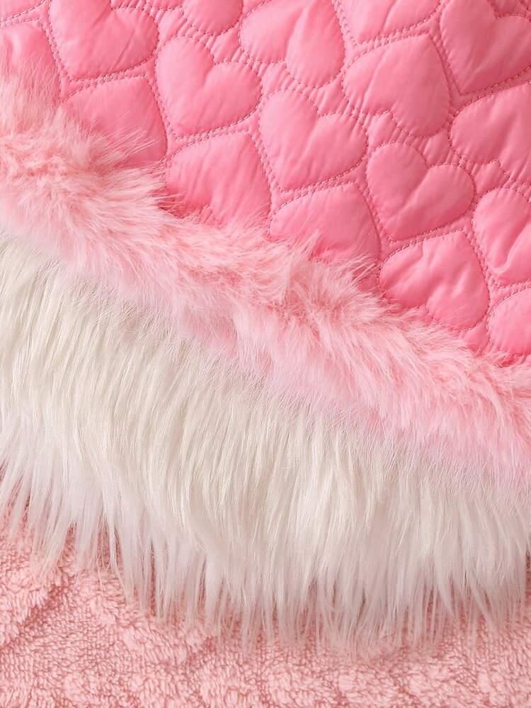 Young Girl Solid Button Front Padded Coat & Fuzzy Trim Skirt
