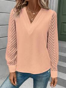 SHEIN LUNE Chất rắn Cổ v Tay áo lồng đèn Áo sơ mi - trái cam - Xem 6