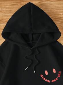 SHEIN EZwear 标语图案袋鼠口袋抽绳保暖内衬连帽衫 - 黑色 - 查看 6