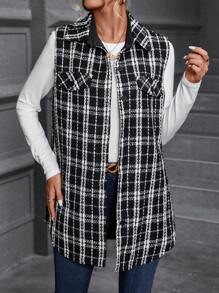 SHEIN LUNE Plaid Pattern Flap Detail Tweed Vest Overcoat - Black and White - View 3