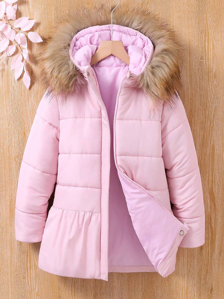 SHEIN Tween Girl Fuzzy Trim Hooded Padded Coat - Pink - View 1