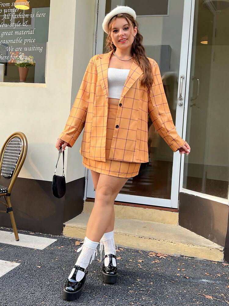 Plus Plaid Single Breasted Blazer & Skirt