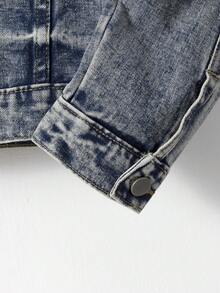 Chico adolescente Cazadora mezclilla con slogan con diseño de parche desgarro sin camiseta - Azul lavado medio - Ver 3