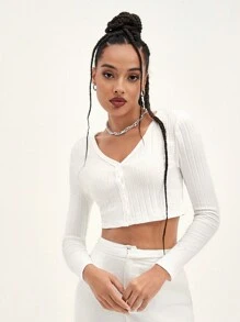 Muchica V Neck Button Front Ribbed Top - White - View 1