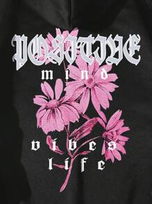 SHEIN EZwear Plus Size Floral & Letter Graphic Drawstring Thermal Lined Sweatshirt - Black - View 5