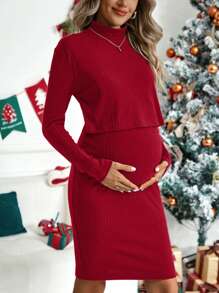 SHEIN Vestido ajustado de cuello alto tejido de canalé - Rojo - Ver 5