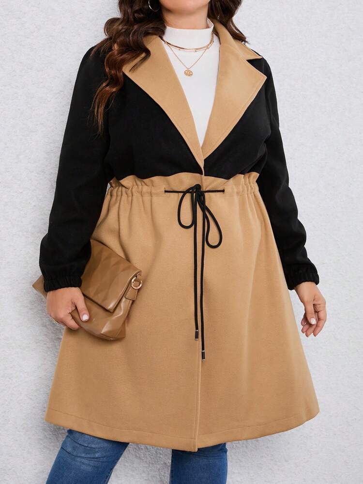 Plus Two Tone Drawstring Waist Overcoat Fall Cloth For Women