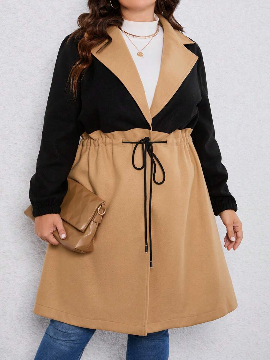 SHEIN LUNE Plus Two Tone Drawstring Waist Overcoat Fall Cloth For Women - Multicolor - View 1