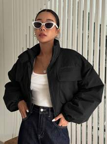 DAZY Letter Embroidery Flap Pocket Drop Shoulder Padded Coat,Ladies Winter Casual Pocket,Zipper Drop Shoulder Funnel Neck Loose Black Letter Women Winter Coats,Winter Warmth/ Winter Fashion ,Winter Women Clothes,Winter Coat Women Jacket - Black - View 4