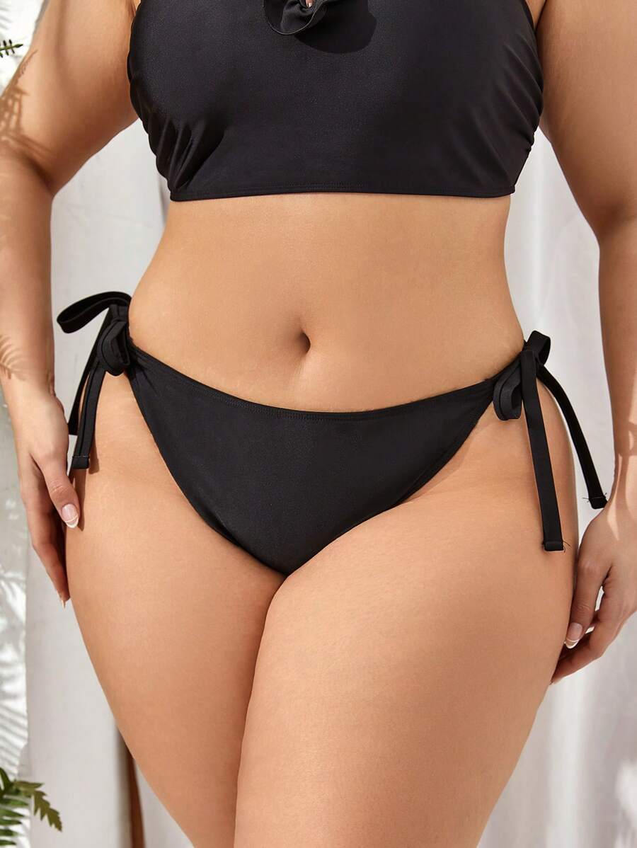 SHEIN Swim Curve Talla grande Bottom de bikini con cordón lateral - Negro - Ver 1