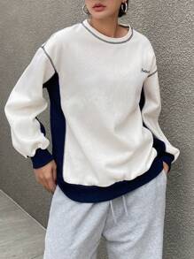 Dazy Star Letter Graphic Contrast Piping Drop Shoulder Sweatshirt - Beige - View 8