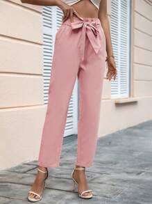 SHEIN Privé Paperbag Waist Belted Straight Leg Pants - Dusty Pink - View 4