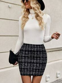 SHEIN LUNE Plaid Pattern Bodycon Skirt - Black - View 4